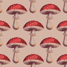 Seamless Pattern Amanita Muscaria, Fly Agaric Mushrooms On A Beige Background