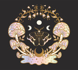 Fototapeta Psy - psychedelic, magic mushrooms moth, moon, bells flowers print, tattoo, psy art