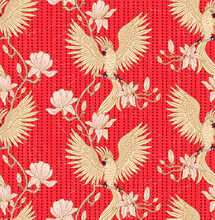 Seamless Pattern With Parrot And Magnolia Flower, Red,pink, Batter And Gold Colors