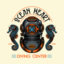 "Ocean Heart. Diving Center" - Poster Design. Colorful Vector Illustration In Engraving Technique Of "Mark V" Vintage Diving Helmet, Sea Horses And Lettering.