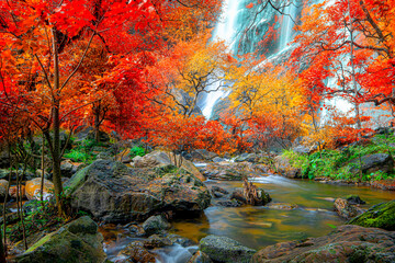 Wall Mural - Amazing in nature, beautiful waterfall at colorful autumn forest in fall season	