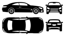 Sports Car Silhouette On White Background. Vehicle Icons Set View From Side, Front, Back, And Top