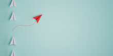 Red Paper Plane Out Of Line With White Paper To Change Disrupt And Finding New Normal Way On Blue Background. Lift And Business Creativity New Idea To Discovery Innovation Technology. 3d Render