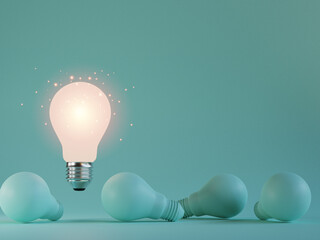 One of Lightbulb glowing among shutdown light bulb  in dark area with copy space for creative thinking , problem solving solution and outstanding concept by 3d rendering technique.