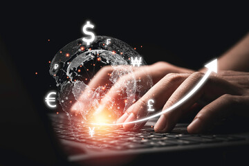 Wall Mural - Businessman using computer laptop with virtual world with currency sign such as dollar Yen Yuan Euro and pound for currency exchange and trader by technology concept.