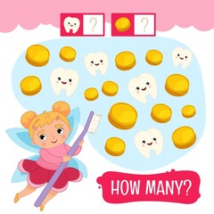  Counting educational children game, math kids activity sheet. How many objects task. Illustration of a cute tooth fairy.
