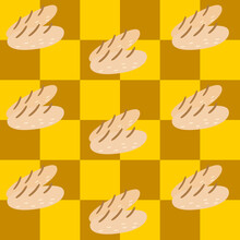 Seamless Pattern. Cute Baguette On Checkerboard Pattern Yellow And Brown. For Tablecloth, Kitchen Decoration, Restaurant, Tile , Gift Wrapping Paper, Utensils, Bags, Mugs, Plates. Vector EPS10.