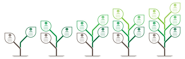 Business presentation with 5 steps or processes. Info graphic. Set of Vertical infographics or timelines with 2, 3, 4, 5 and 6 parts. Trees with leaves. Development and growth of the green technology.