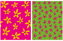 Cute Hand Drawn Floral Vector Patterns With Funny Abstract Flowers. Lovely Childish Style Garden Print With Pink And Yellow Tiny Flowers Of Irregular Shape Isolated On A Pink And Green Background. 
