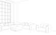 © vadim_fl - Comfortable sofa with pillows in the interior of a spacious living room. outline illustration, 3d sketch