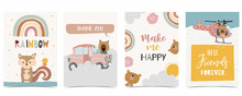 Collection Of Kid Postcard Set With Bear, Rainbow, Sun.Editable Vector Illustration For Website, Invitation,postcard And Sticker