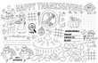 Vector Thanksgiving placemat for kids. Fall holiday printable activity mat with maze, tic tac toe charts, connect the dots, find difference. Black and white autumn play mat or coloring page.