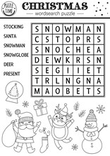 Vector Black And White Christmas Wordsearch Puzzle For Kids. Simple New Year Crossword With Santa, Stocking, Snowman, Snow Globe, Present For Children. Educational Winter Holiday Keyword Activity.
