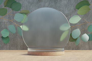 Canvas Print - Cosmetic display product stand, Wood cylinder podium with circle diamond glass wall and nature leaf on light background. 3D rendering illustration