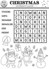 Wall Mural - Vector black and white Christmas wordsearch puzzle for kids. Simple New Year crossword with Santa, stocking, snowman, snow globe, present for children. Educational winter holiday keyword activity.