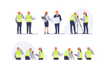 Engineers Team With Equipment On The Construction Site. Vector Illustration.
