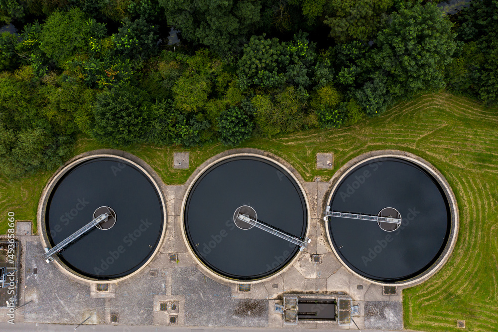 Aerial view of a sewage and waste water treatment works in the UK Stock ...