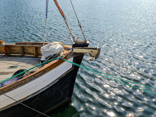 Wall Mural - Detailed close up detail of ropes and cordage in the rigging of an old wooden vintage sailboat