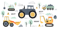 Collection Of Machines For Construction. Stickers With Truck, Crane And Tractor. Design Elements For Social Networks And Printing On Fabric. Cartoon Flat Vector Set Isolated On White Background
