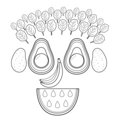 Wall Mural - Black and white funny smiling fruit and vegetable face. Funny food coloring page with avocados instead of eyes, watermelon instead of mouth, bananas instead of nose. Vegan print. Vector illustration