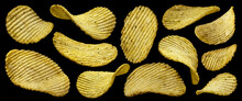 Ridged Potato Chips Isolated On Black Background
