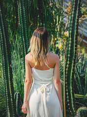 Sticker - young woman in a white dress in greenhouse with succulents