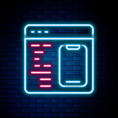 Glowing neon line Software, web developer programming code icon isolated on brick wall background. Javascript computer script random parts of program code. Colorful outline concept. Vector