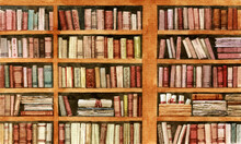 Shelves With Old Books And Scrolls. An Old Library Painted In Watercolor. Cabinets With Old Books, Treatises And Scrolls. An Old Bookcase With Books.