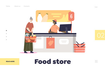 Sticker - Food store concept of landing page with senior woman at supermarket cashier desk paying