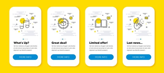 vector set of parcel tracking, book and musical note line icons set. ui phone app screens with line 
