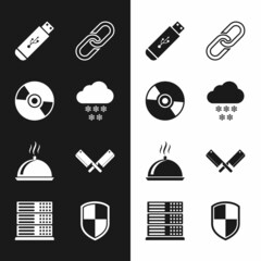 Sticker - Set Cloud with snow, CD or DVD disk, USB flash drive, Chain link, Covered tray of food and Crossed meat chopper icon. Vector