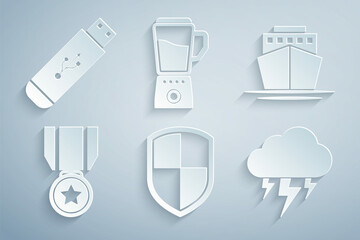 Sticker - Set Shield, Ship, Medal with star, Storm, Blender and USB flash drive icon. Vector