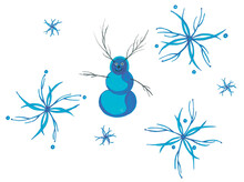 Smiling Azure Snowman Made Of Oval Balls Of Snow. It Has Horns Made Of Long Fluffy Branches And Arms Made Of Sticks. Around It Are Unusual Blue Snowflakes Of Various Shapes. Cute Creative Cartoon Art.