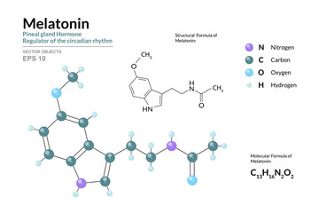 Poster - Melatonin. Pineal Gland Hormone. Regulator of the Circadian Rhythm. Dietary Supplement. C13H16N2O2. Structural Chemical Formula and Molecule 3d Model. Atoms with Color Coding. Vector Illustration