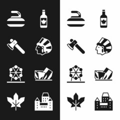 Canvas Print - Set Native American Indian, Wooden axe, Stone for curling, Beer bottle, Ferris wheel, Royal Ontario museum, Chateau Frontenac hotel and Canadian maple leaf icon. Vector