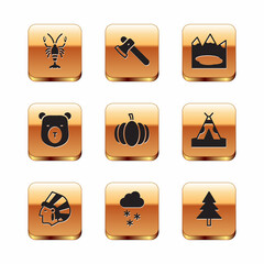 Sticker - Set Lobster, Native American Indian, Cloud with snow, Pumpkin, Bear head, Canadian lake, Christmas tree and Wooden axe icon. Vector