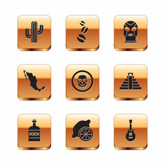 Wall Mural - Set Cactus, Tequila bottle, Lemon, Mexican skull coin, Map of mexican, wrestler, guitar and Coffee beans icon. Vector