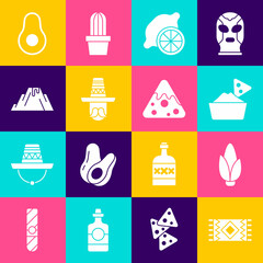 Sticker - Set Mexican carpet, Corn, Nachos in bowl, Lemon, man sombrero, Volcano eruption with lava, Avocado fruit and icon. Vector