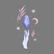 Ezoteryczna ilustracja - kobieca dłoń, kryształ, półksiężyc, gwiazdy. Mistyczne elementy z motywem botanicznym. Wróżba, tarot, magia.