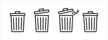 Trash Bin With Its Lid Icon Set. Open Trash Bin Vector Sign.