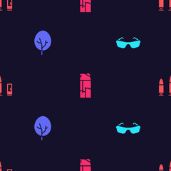 Sticker - Set Glasses, Tree, Lighter and Bullet and cartridge on seamless pattern. Vector