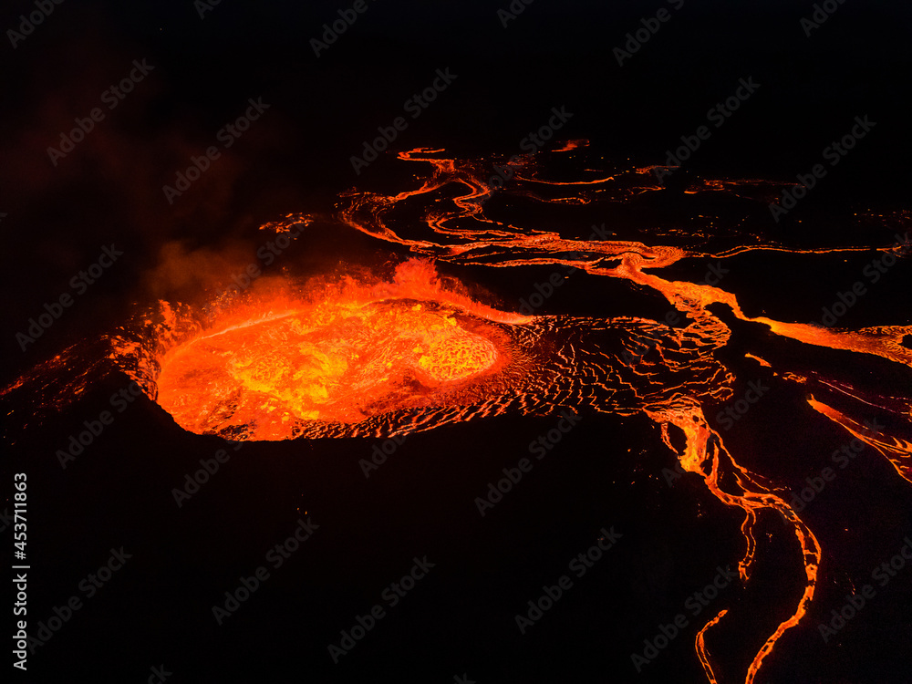 Beautiful aerial cinematic footage of the bowling lava exploding from ...
