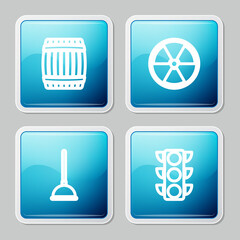 Sticker - Set line Wooden barrel, Radioactive, Rubber plunger and Traffic light icon. Vector