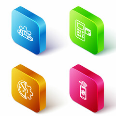 Sticker - Set Isometric line Project team base, Pos terminal, Clock and gear and Contactless payment icon. Vector