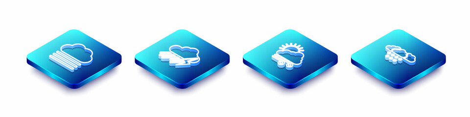 Sticker - Set Isometric line Fog and cloud, Cloud with rain lightning, Windy weather and snow icon. Vector