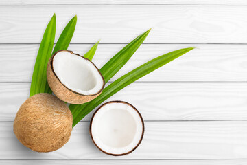 Sticker - coconut with leaf on wood table