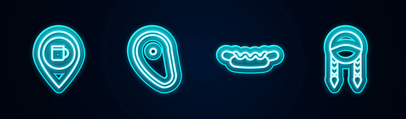 Wall Mural - Set line Alcohol or beer bar location, Steak meat, Hotdog sandwich and Braid. Glowing neon icon. Vector