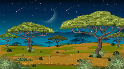 Poster - African Savanna forest landscape scene at night