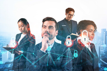 Wall Mural - Group of business colleagues as a part of multinational corporate team working on project to protect clients information at cybersecurity compliance division. IT lock icons over Kuala Lumpur