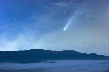 Wall Mural - the sea of mist at night in the forest in the sky with meteors.